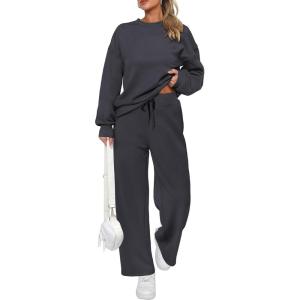 imagePRETTYGARDEN Womens 2 Piece Outfits 2026 Fall Long Sleeve Sweatshirt Wide Leg Pants Lounge Sets Winter Sweatsuits TracksuitDark Grey