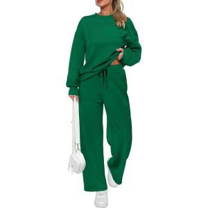 imagePRETTYGARDEN Womens 2 Piece Outfits 2026 Fall Long Sleeve Sweatshirt Wide Leg Pants Lounge Sets Winter Sweatsuits TracksuitGreen