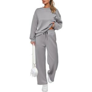 imagePRETTYGARDEN Womens 2 Piece Outfits 2026 Fall Long Sleeve Sweatshirt Wide Leg Pants Lounge Sets Winter Sweatsuits TracksuitGrey