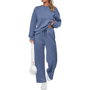 imagePRETTYGARDEN Womens 2 Piece Outfits 2026 Fall Long Sleeve Sweatshirt Wide Leg Pants Lounge Sets Winter Sweatsuits TracksuitGrey Blue