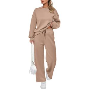 imagePRETTYGARDEN Womens 2 Piece Outfits 2026 Fall Long Sleeve Sweatshirt Wide Leg Pants Lounge Sets Winter Sweatsuits TracksuitKhaki
