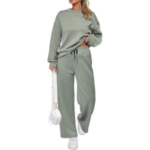 imagePRETTYGARDEN Womens 2 Piece Outfits 2026 Fall Long Sleeve Sweatshirt Wide Leg Pants Lounge Sets Winter Sweatsuits TracksuitLight Green