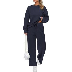 imagePRETTYGARDEN Womens 2 Piece Outfits 2026 Fall Long Sleeve Sweatshirt Wide Leg Pants Lounge Sets Winter Sweatsuits TracksuitNavy