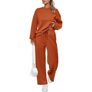 imagePRETTYGARDEN Womens 2 Piece Outfits 2026 Fall Long Sleeve Sweatshirt Wide Leg Pants Lounge Sets Winter Sweatsuits TracksuitOrange