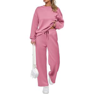imagePRETTYGARDEN Womens 2 Piece Outfits 2026 Fall Long Sleeve Sweatshirt Wide Leg Pants Lounge Sets Winter Sweatsuits TracksuitPink