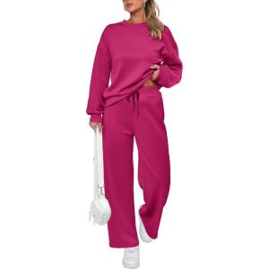 imagePRETTYGARDEN Womens 2 Piece Outfits 2026 Fall Long Sleeve Sweatshirt Wide Leg Pants Lounge Sets Winter Sweatsuits TracksuitRose Red