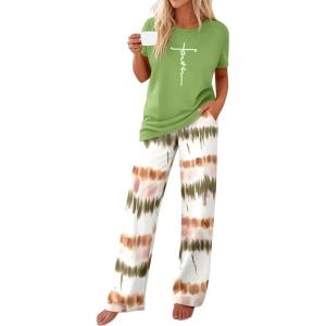 imagePRETTYGARDEN Womens 2 Piece Pajama Sets Summer 2026 Matching Lounge Outfits Short Sleeve Printed Sleepwear Spring PJ SetGreen