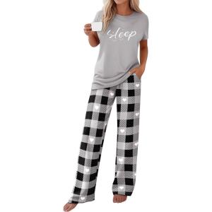 imagePRETTYGARDEN Womens 2 Piece Pajama Sets Summer 2026 Matching Lounge Outfits Short Sleeve Printed Sleepwear Spring PJ SetGrey