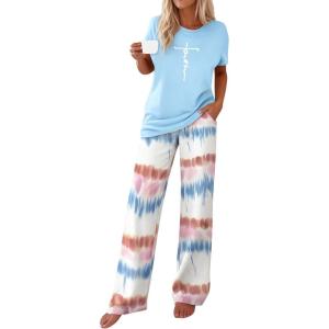 imagePRETTYGARDEN Womens 2 Piece Pajama Sets Summer 2026 Matching Lounge Outfits Short Sleeve Printed Sleepwear Spring PJ SetLight Blue