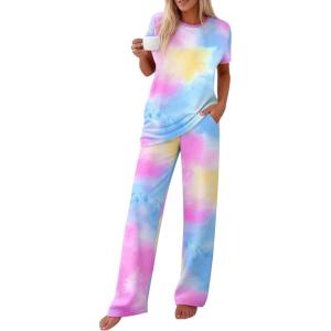 imagePRETTYGARDEN Womens 2 Piece Pajama Sets Summer 2026 Matching Lounge Outfits Short Sleeve Printed Sleepwear Spring PJ SetMulticolor