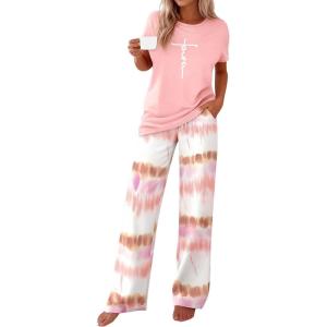 imagePRETTYGARDEN Womens 2 Piece Pajama Sets Summer 2026 Matching Lounge Outfits Short Sleeve Printed Sleepwear Spring PJ SetPink