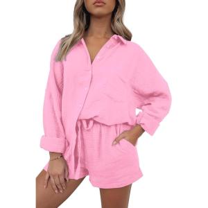 imagePRETTYGARDEN Womens 2 Piece Tracksuit Outfit Long Sleeve Blouse High Waisted Drawstring Shorts Loungewear Set PinkMedium