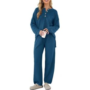 imagePRETTYGARDEN Womens 2 Piece Tracksuit Outfits 2024 Fall Knit Sweater And Wide Leg Pants Sweatsuit Lounge Sets Lake BlueLarge