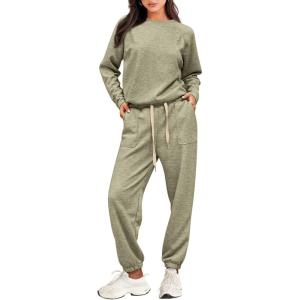 imagePRETTYGARDEN Womens 2 Piece Tracksuit Outfits Casual Long Sleeve Top High Waisted Sweatpants Lounge Jogger Set Light GreenMedium