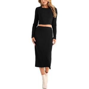 imagePRETTYGARDEN Womens 2024 Fall 2 Piece Outfits Tracksuit Rib Knit Crop Tops and Slit Midi Bodycon Skirt Dress Sets BlackSmall