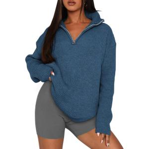 imagePRETTYGARDEN Womens 2024 Fall Chunky Knit Oversized Sweaters Long Sleeve Collared Quarter Zip Pullover Winter Jumper Tops