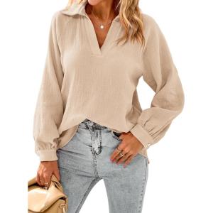 imagePRETTYGARDEN Womens 2024 Fall Fashion Blouse Tops Casual Long Sleeve V Neck Collared Cotton Linen Shirts