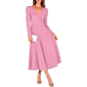 imagePRETTYGARDEN Womens 2024 Fall Midi Dress Puff Long Sleeve Wrap V Neck A Line Flowy Casual Elegant Cocktail Party Dresses PinkMedium