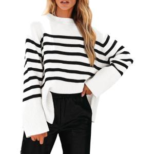 imagePRETTYGARDEN Womens 2024 Fall Striped Sweater Oversized Long Sleeve Crew Neck Side Slit Casual Trendy Knit Pullover Sweaters