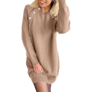 imagePRETTYGARDEN Womens 2024 Fall Sweater Dress Crewneck Long Sleeve Oversized Pullover Sweaters Casual Knit Short Dresses KhakiSmall