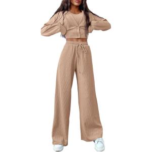 imagePRETTYGARDEN Womens 2024 Fall Track Suits 3 Piece Outfits Matching Sets Ribbed Knit Cardigan Cropped Tank Tops Wide Leg Pants