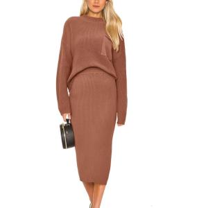 imagePRETTYGARDEN Womens 2024 Fall Two Piece Outfits Ribbed Knit Long Sleeve Pullover Sweater and Bodycon Midi Skirt Sets BrownSmall