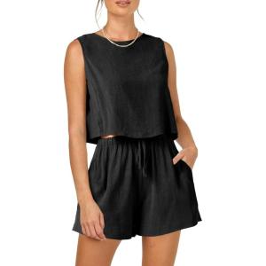 imagePRETTYGARDEN Womens 2024 Summer 2 Piece Outfits Casual Button Back Crop Tank Tops and High Waist Shorts Set BlackLarge