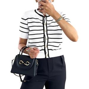 imagePRETTYGARDEN Womens 2024 Summer Button Down Striped Shirts Short Sleeve Knit Going Out Tops Dressy Casual Cute Ladies Blouses WhiteMedium