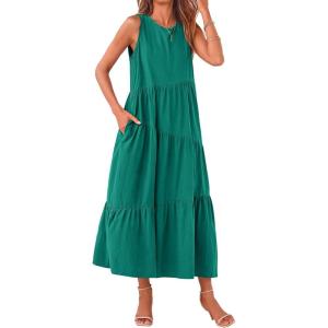 imagePRETTYGARDEN Womens 2024 Summer Casual Midi Dress Sleeveless Long Flowy Tiered Cute Vacation Beach Sundresses with Pockets Brilliant GreenMedium