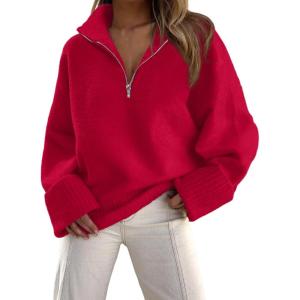 imagePRETTYGARDEN Womens 2024 Winter Pullover Sweaters Long Sleeve 14 Zip Lapel Chunky Knit Blouse Tops