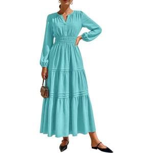 imagePRETTYGARDEN Womens 2026 Elegant Maxi Dresses Long Sleeve V Neck Flowy Pockets Casual Modest Dress Fall Fashion ClothesAqua Green