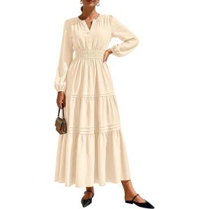 imagePRETTYGARDEN Womens 2026 Elegant Maxi Dresses Long Sleeve V Neck Flowy Pockets Casual Modest Dress Fall Fashion ClothesBeige