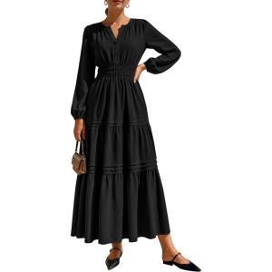 imagePRETTYGARDEN Womens 2026 Elegant Maxi Dresses Long Sleeve V Neck Flowy Pockets Casual Modest Dress Fall Fashion ClothesBlack