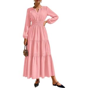 imagePRETTYGARDEN Womens 2026 Elegant Maxi Dresses Long Sleeve V Neck Flowy Pockets Casual Modest Dress Fall Fashion ClothesPink