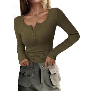 imagePRETTYGARDEN Womens 2026 Fall Long Sleeve Henley T Shirts Button Ribbed Knit Slim Fit Basic Tops Blouse Casual OutfitsArmy Green
