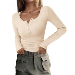 imagePRETTYGARDEN Womens 2026 Fall Long Sleeve Henley T Shirts Button Ribbed Knit Slim Fit Basic Tops Blouse Casual OutfitsBeige