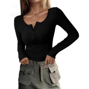 imagePRETTYGARDEN Womens 2026 Fall Long Sleeve Henley T Shirts Button Ribbed Knit Slim Fit Basic Tops Blouse Casual OutfitsBlack
