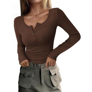 imagePRETTYGARDEN Womens 2026 Fall Long Sleeve Henley T Shirts Button Ribbed Knit Slim Fit Basic Tops Blouse Casual OutfitsCoffee