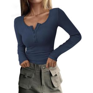 imagePRETTYGARDEN Womens 2026 Fall Long Sleeve Henley T Shirts Button Ribbed Knit Slim Fit Basic Tops Blouse Casual OutfitsDark Blue