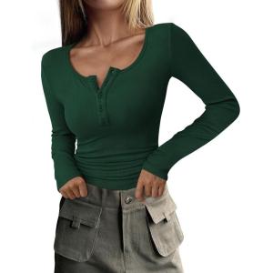 imagePRETTYGARDEN Womens 2026 Fall Long Sleeve Henley T Shirts Button Ribbed Knit Slim Fit Basic Tops Blouse Casual OutfitsDark Green