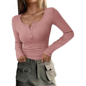 imagePRETTYGARDEN Womens 2026 Fall Long Sleeve Henley T Shirts Button Ribbed Knit Slim Fit Basic Tops Blouse Casual OutfitsDusty Pink