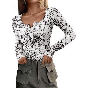 imagePRETTYGARDEN Womens 2026 Fall Long Sleeve Henley T Shirts Button Ribbed Knit Slim Fit Basic Tops Blouse Casual OutfitsFloral Black