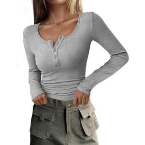 imagePRETTYGARDEN Womens 2026 Fall Long Sleeve Henley T Shirts Button Ribbed Knit Slim Fit Basic Tops Blouse Casual OutfitsGrey