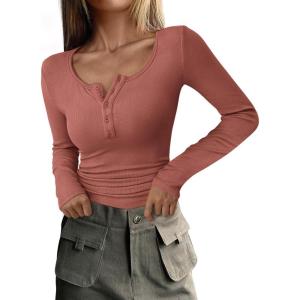 imagePRETTYGARDEN Womens 2026 Fall Long Sleeve Henley T Shirts Button Ribbed Knit Slim Fit Basic Tops Blouse Casual OutfitsHeather Pink