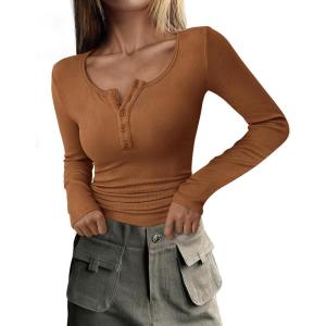 imagePRETTYGARDEN Womens 2026 Fall Long Sleeve Henley T Shirts Button Ribbed Knit Slim Fit Basic Tops Blouse Casual OutfitsKhaki