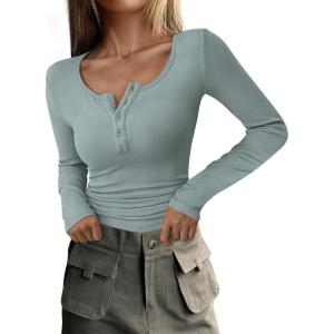 imagePRETTYGARDEN Womens 2026 Fall Long Sleeve Henley T Shirts Button Ribbed Knit Slim Fit Basic Tops Blouse Casual OutfitsLake Blue