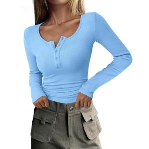 imagePRETTYGARDEN Womens 2026 Fall Long Sleeve Henley T Shirts Button Ribbed Knit Slim Fit Basic Tops Blouse Casual OutfitsLight Blue