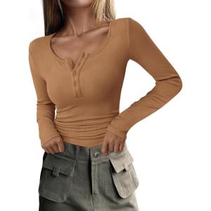 imagePRETTYGARDEN Womens 2026 Fall Long Sleeve Henley T Shirts Button Ribbed Knit Slim Fit Basic Tops Blouse Casual OutfitsLight Camel