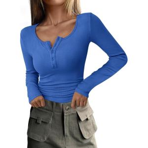 imagePRETTYGARDEN Womens 2026 Fall Long Sleeve Henley T Shirts Button Ribbed Knit Slim Fit Basic Tops Blouse Casual OutfitsRoyal Blue