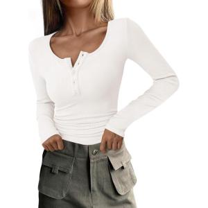imagePRETTYGARDEN Womens 2026 Fall Long Sleeve Henley T Shirts Button Ribbed Knit Slim Fit Basic Tops Blouse Casual OutfitsWhite